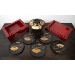 Group of lacquer Japanese, including red and gold lacquer pedestal bowl and cover, 20cm, five