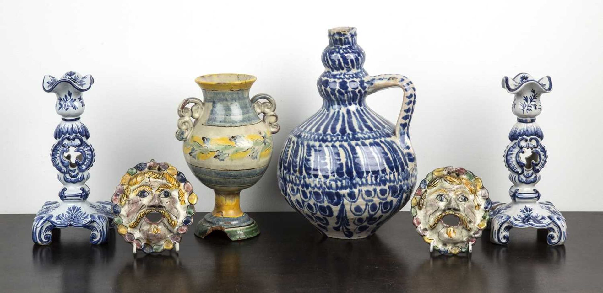 Maiolica polychrome vase Spanish, 24cm high, and a Spanish large jug with blue stylised leaf