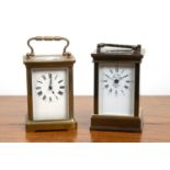 Two brass-cased carriage clocks the first having a white enamel dial and Roman numerals, marked 'L'