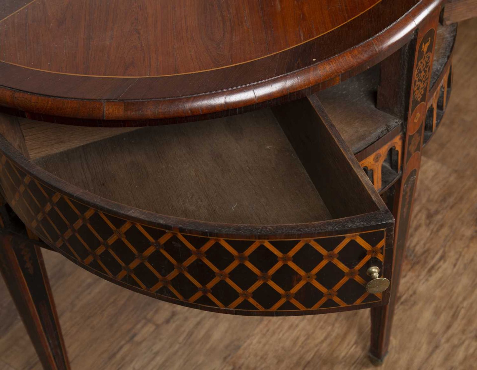 Continental marquetry side table with demi-lune top, above two drawers, with lattice inlaid - Image 7 of 10