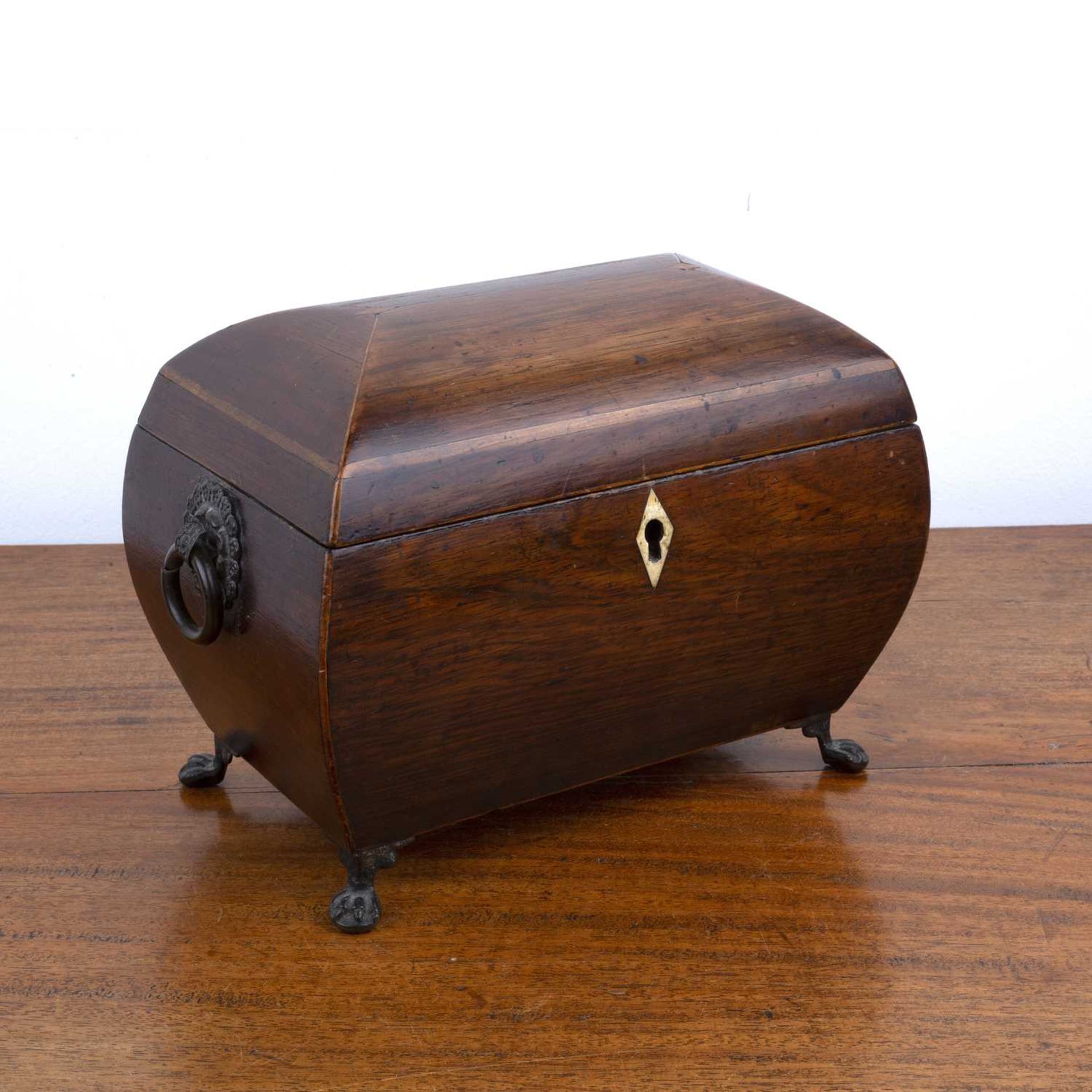 Rosewood and marquetry tea caddy 19th Century, with brass ring handles, standing on brass pad feet