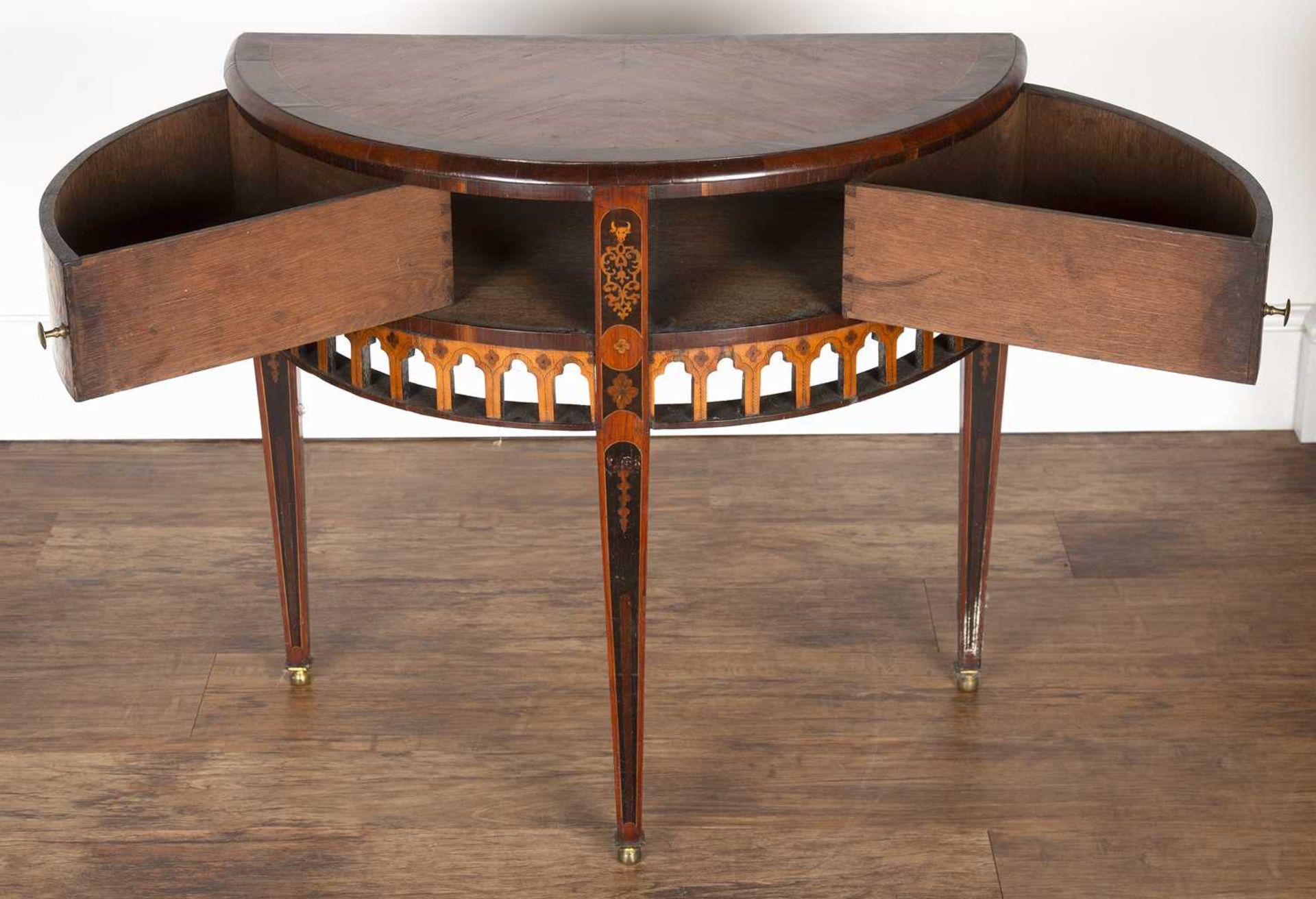 Continental marquetry side table with demi-lune top, above two drawers, with lattice inlaid - Image 2 of 10