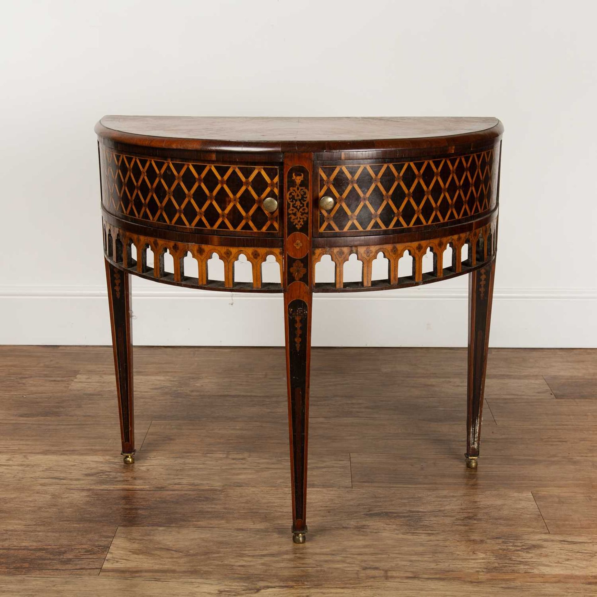 Continental marquetry side table with demi-lune top, above two drawers, with lattice inlaid