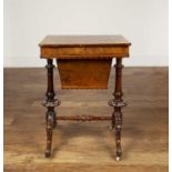 Walnut sewing table Victorian, with a parquetry chess board top, the lift up lid concealing a fitted