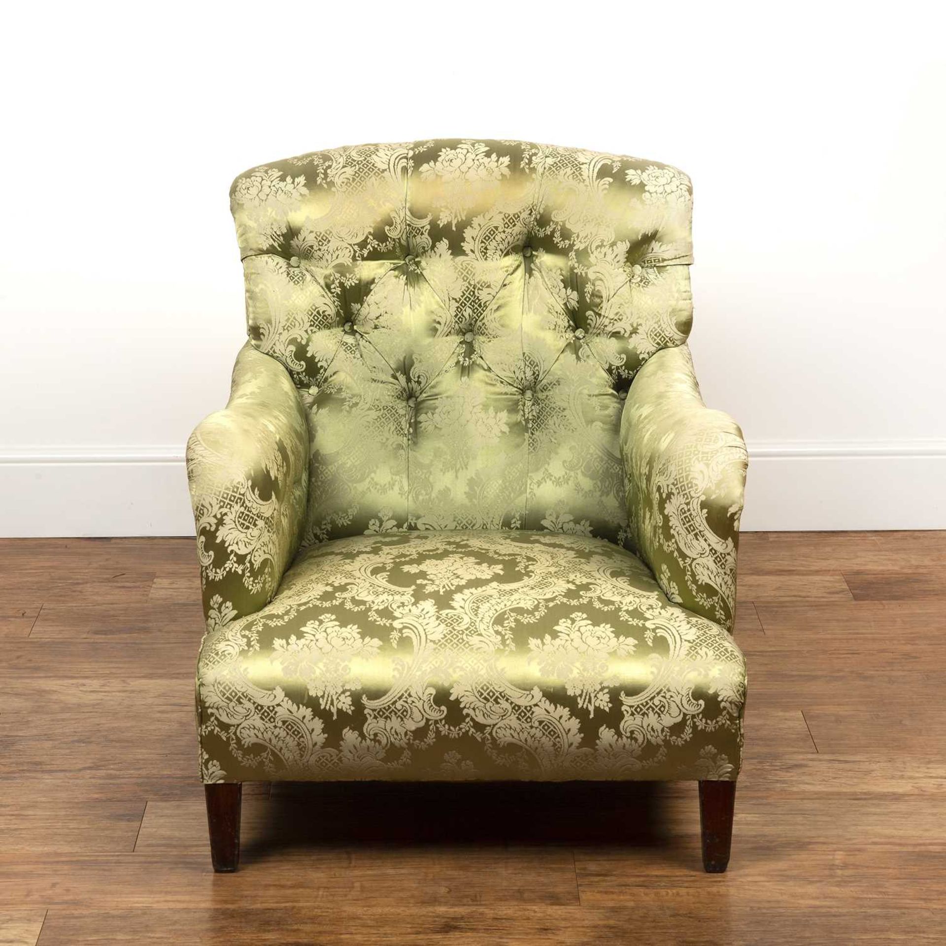 Howard & Sons armchair with green floral brocade fabric button upholstery, stamped to the rear - Image 2 of 4