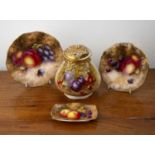 Collection of Royal Worcester ceramics decorated with fruit, the first a pot and cover signed by