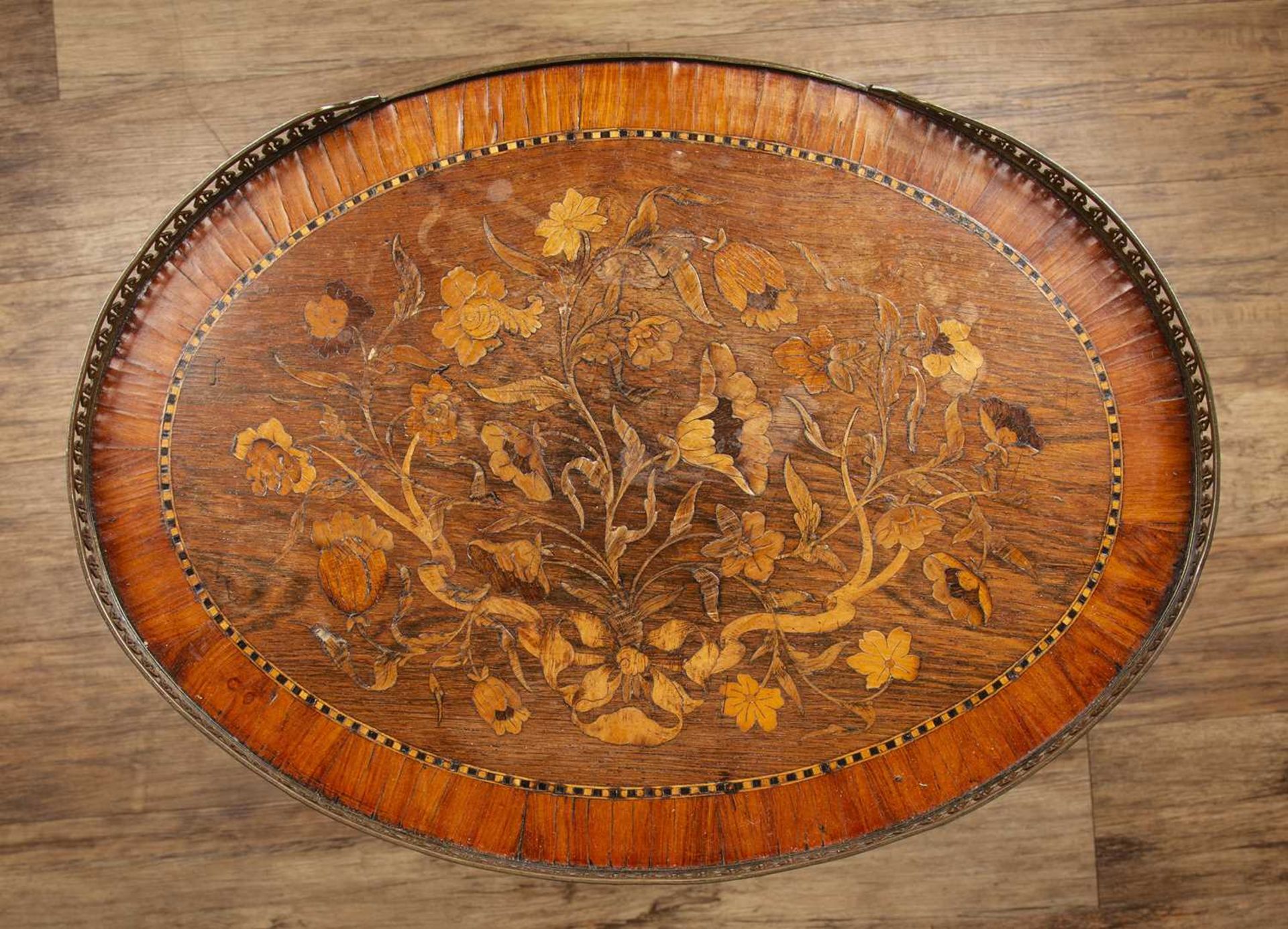 French marquetry side table of oval form, 19th Century, with brass galleried top, the top inlaid - Image 7 of 7