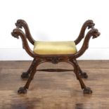Mahogany stool with carved frame and green upholstered seat, 19th Century, 74cm wide x 59cm high x