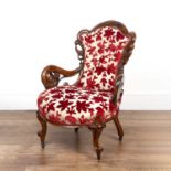 Walnut framed armchair of small proportions, Victorian, the walnut frame with scrolling