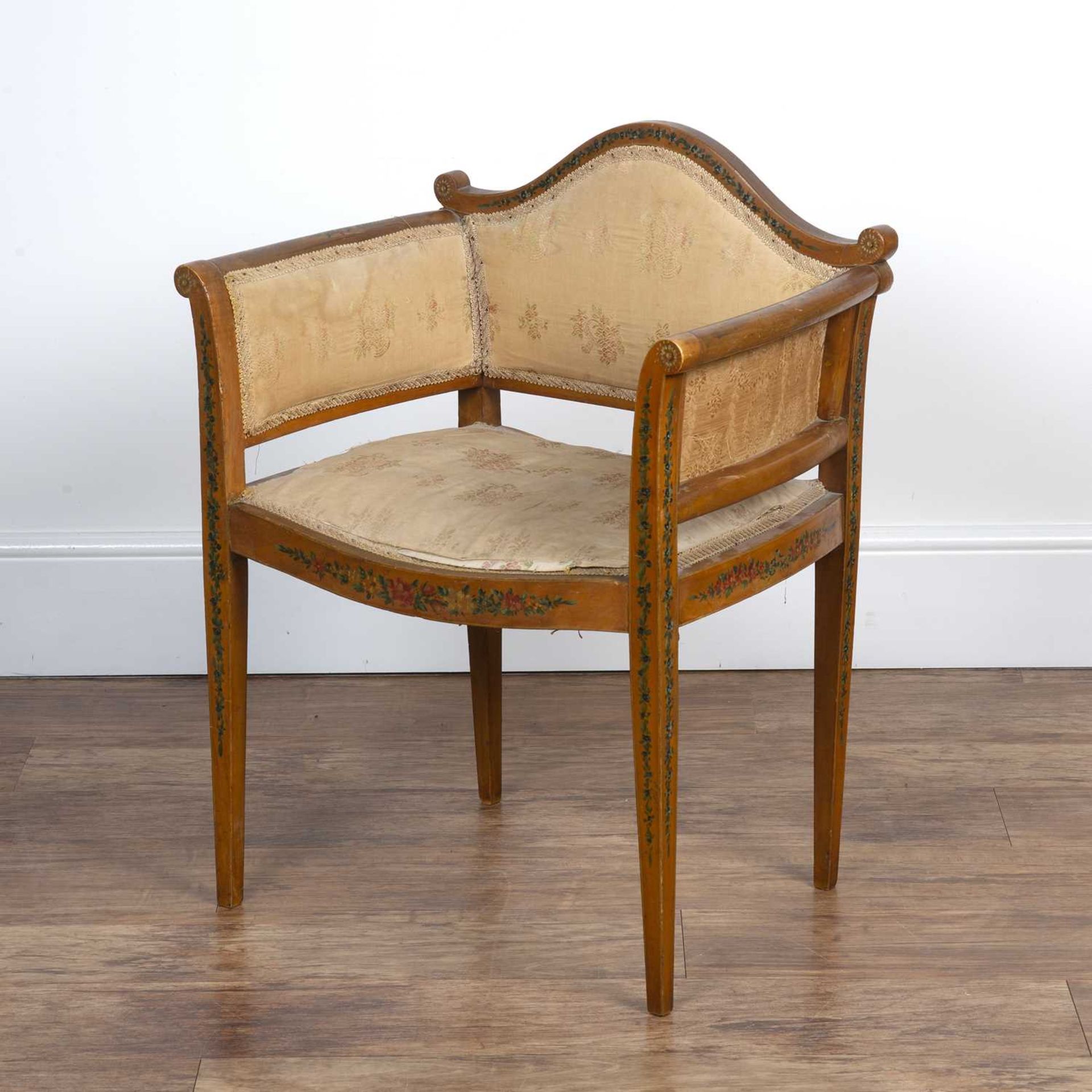 Satinwood painted armchair with low back, possibly French, having floral upholstery, 74.5cm high - Image 3 of 4