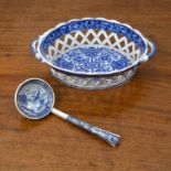 Oval blue transfer pearlware chestnut basket circa 1830, with a peacock feather design, 20.5cm x