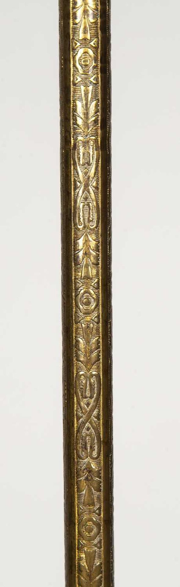 Brass standard lamp 20th Century, with repeating scrolling motifs, standing on a tripod base, - Image 4 of 4