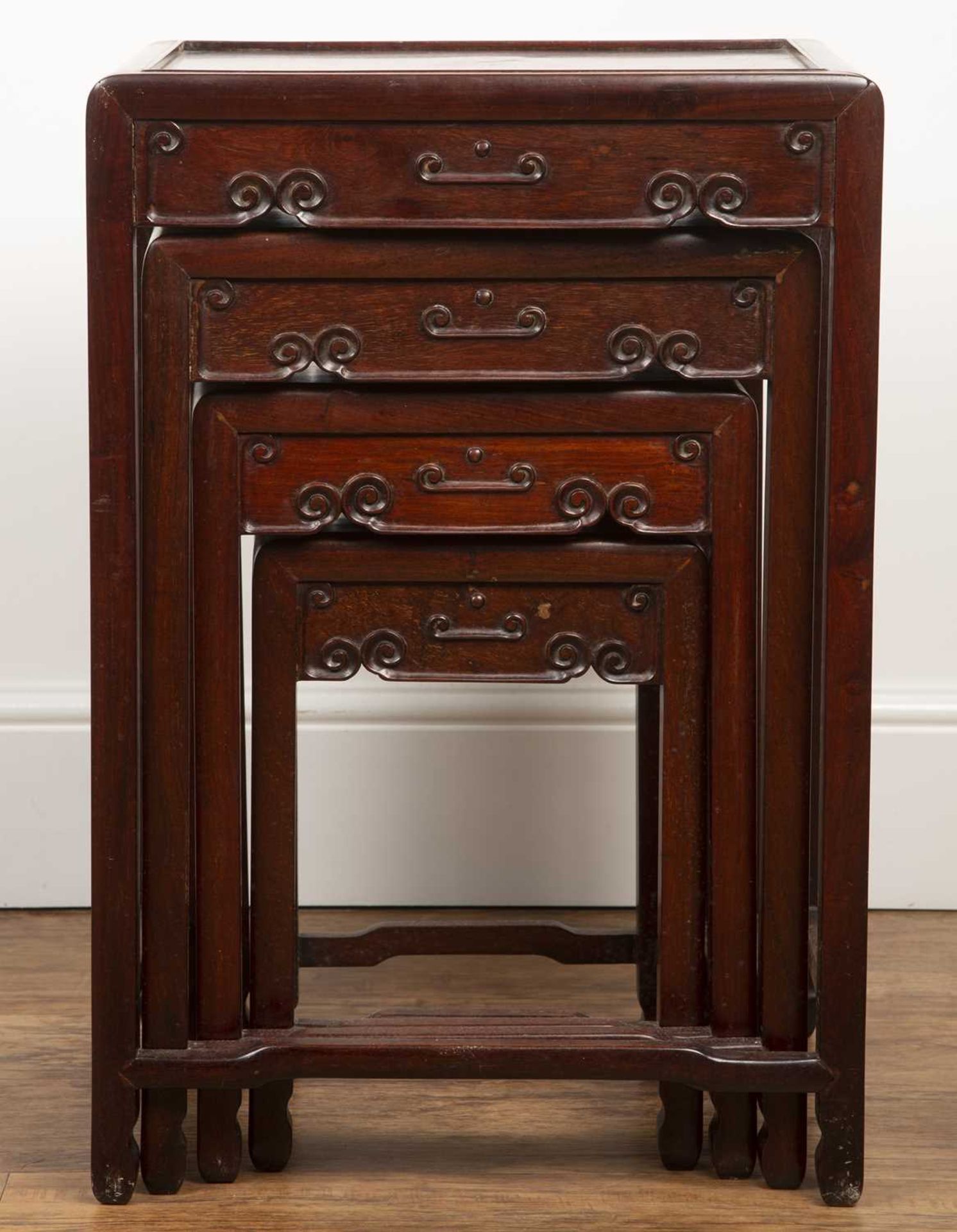 Nest of four or quartetto of tables Chinese hardwood, each with carved decoration, a recessed top - Image 4 of 4