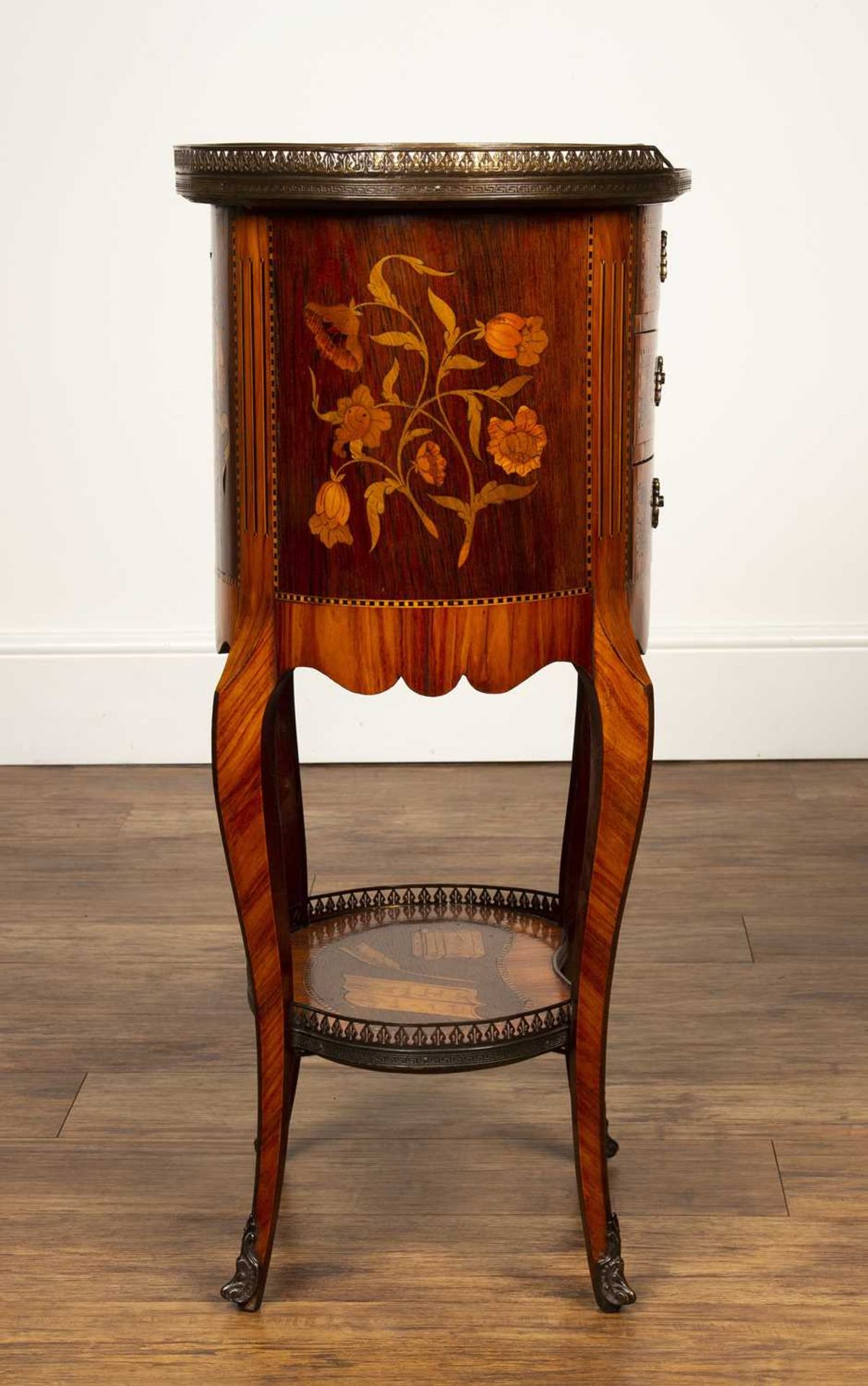French marquetry side table of oval form, 19th Century, with brass galleried top, the top inlaid - Image 4 of 7