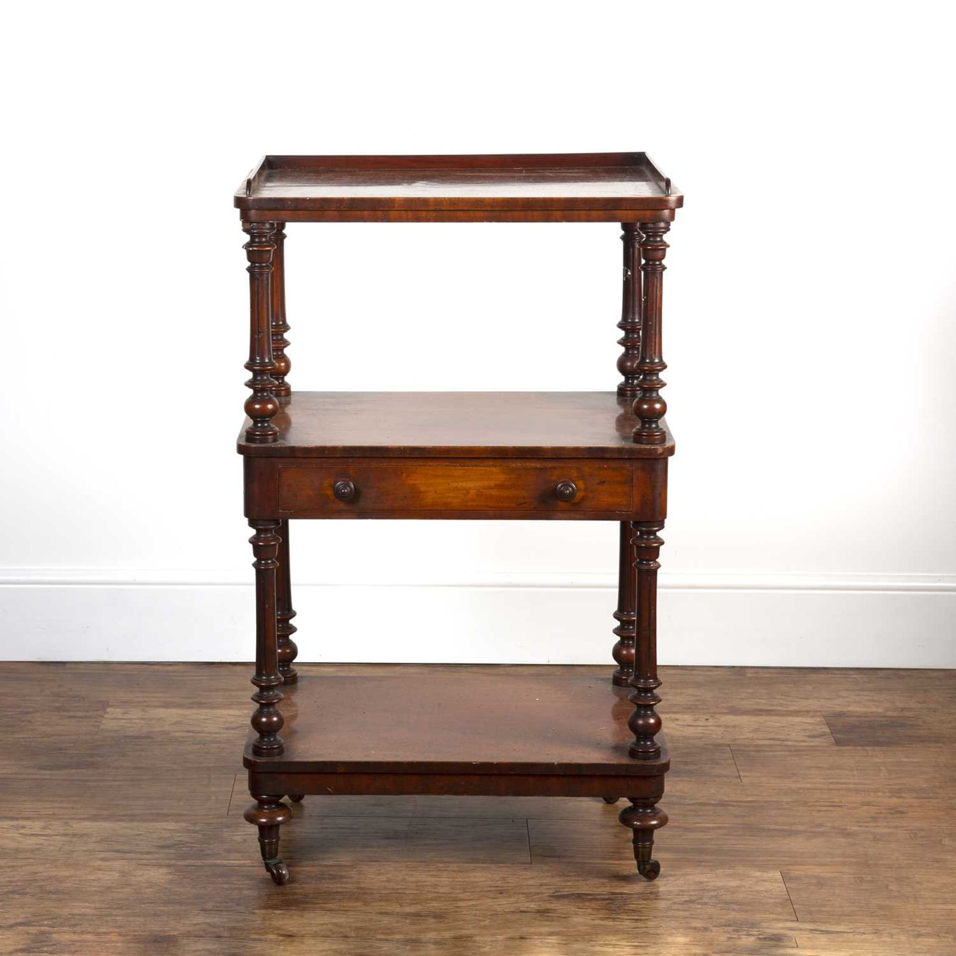 Mahogany three tier buffet stand 19th Century, with galleried top and single fitted drawer, standing - Image 2 of 6