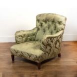 Howard & Sons armchair with green floral brocade fabric button upholstery, stamped to the rear