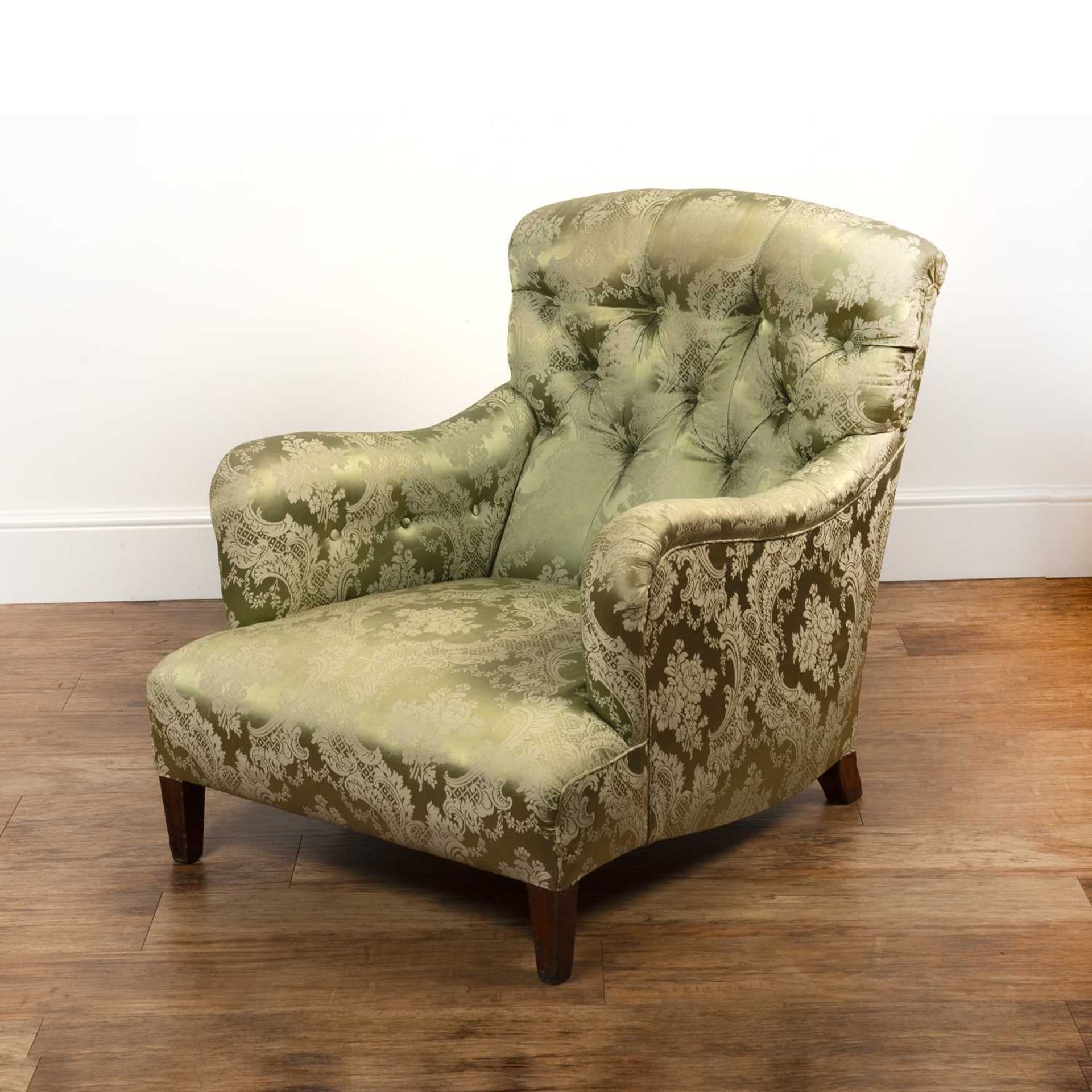 Howard & Sons armchair with green floral brocade fabric button upholstery, stamped to the rear