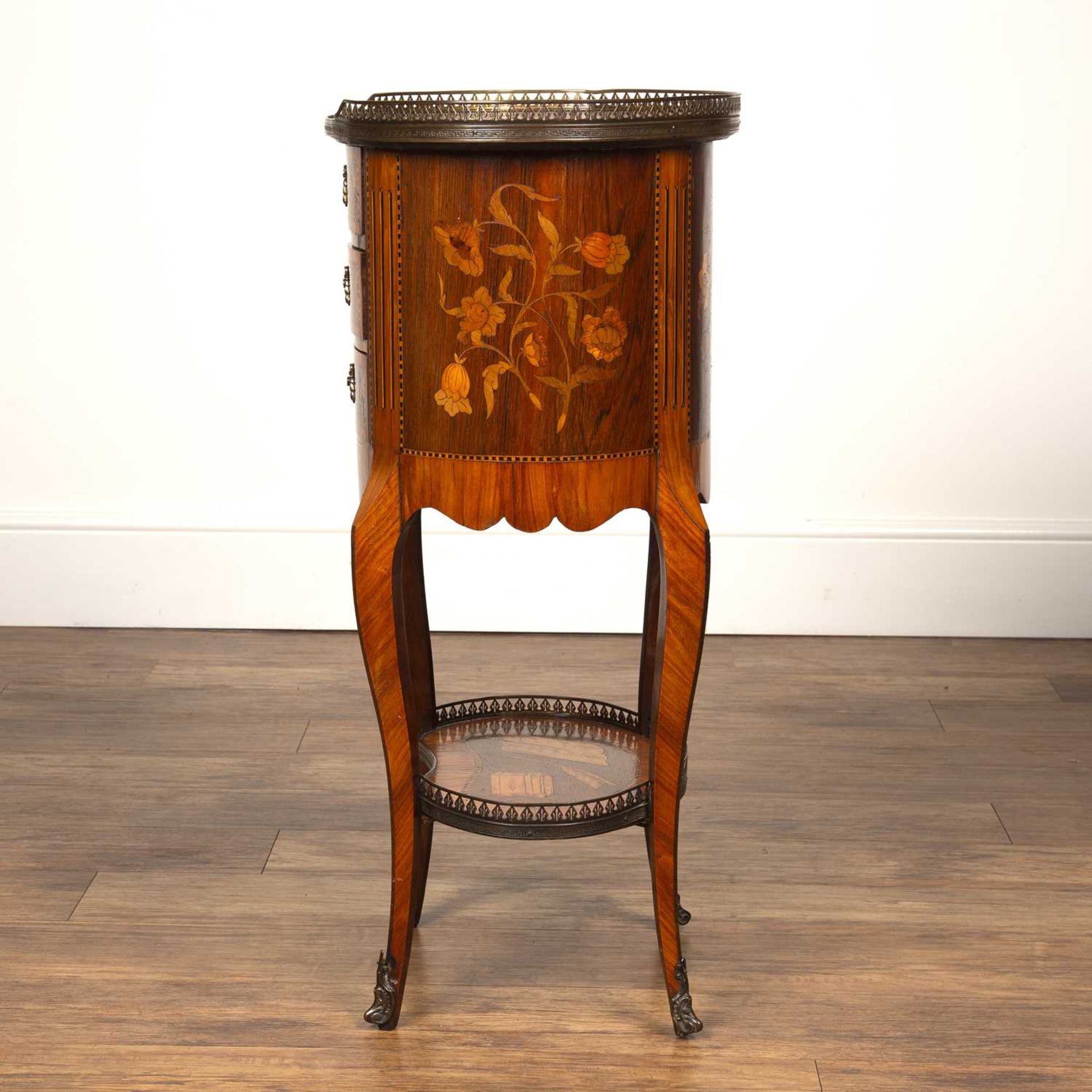 French marquetry side table of oval form, 19th Century, with brass galleried top, the top inlaid - Image 6 of 7