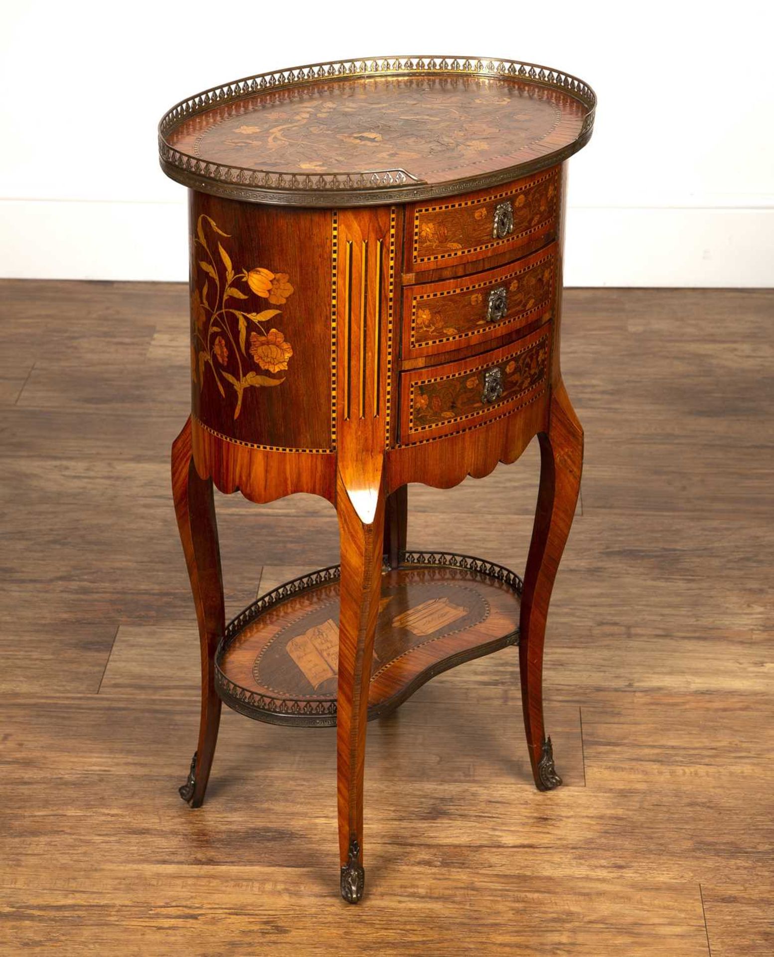 French marquetry side table of oval form, 19th Century, with brass galleried top, the top inlaid - Image 2 of 7