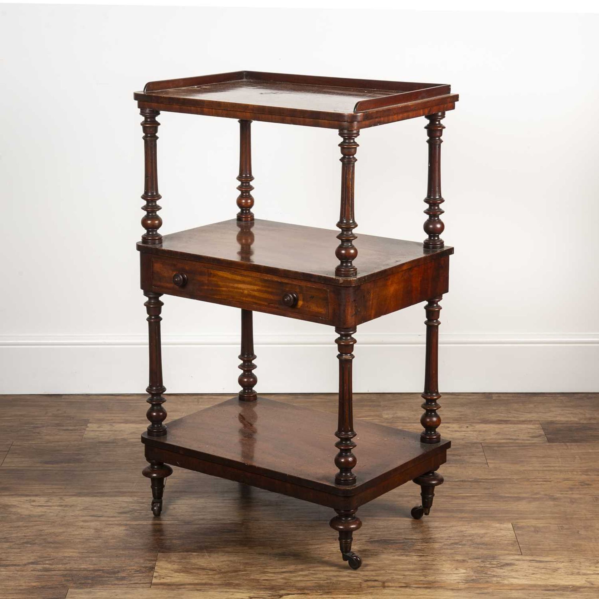 Mahogany three tier buffet stand 19th Century, with galleried top and single fitted drawer, standing - Image 4 of 6