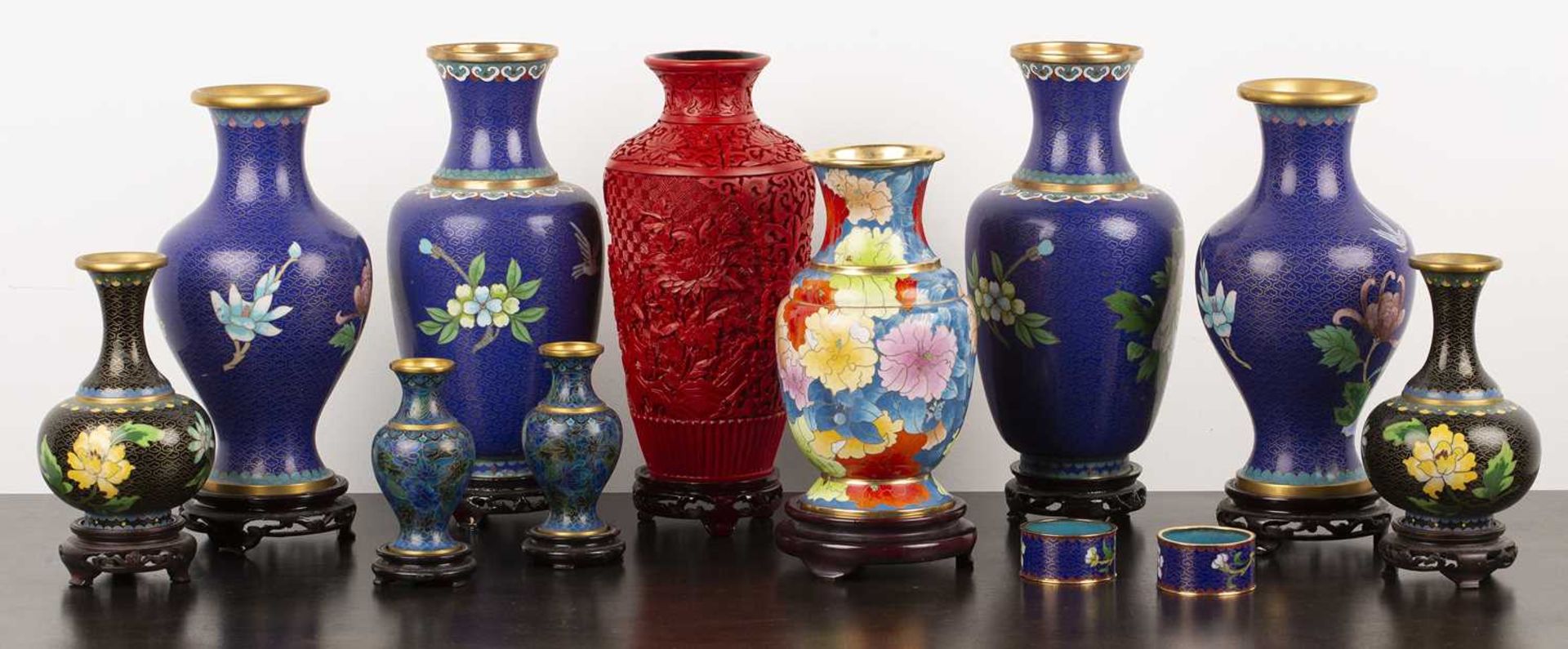 Group of cloisonne vases Chinese, 20th Century, including stands and a cinnabar lacquer vase, - Image 2 of 3