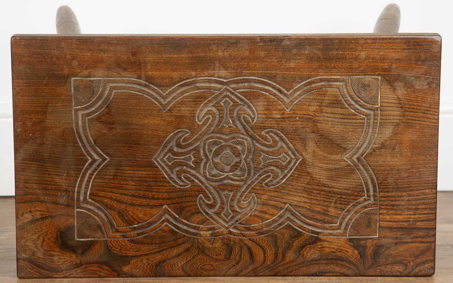 Cotswold School Elm, rectangular table with carved decoration to the top, 61cm wide x 43cm high x - Image 5 of 5