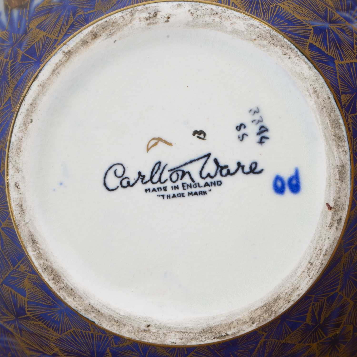 Pair of Carltonware vases with Art Deco bird decoration on blue ground, transfer marks to the - Image 6 of 6