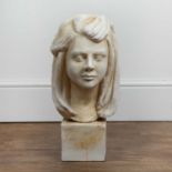 Bust of a female head Plaster, 20th Century, on square plinth, unsigned, 47cm high overallScuffs,