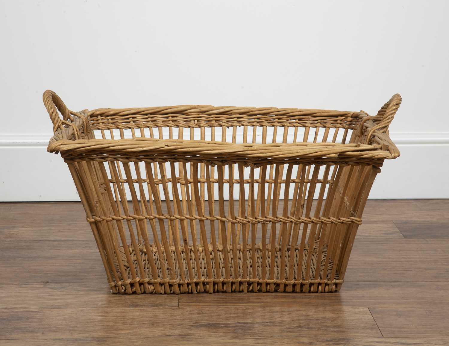 Wicker basket 20th Century, handmade with twin loop handles, 70cm wide x 31cm high x 46cm deepAt - Image 3 of 4