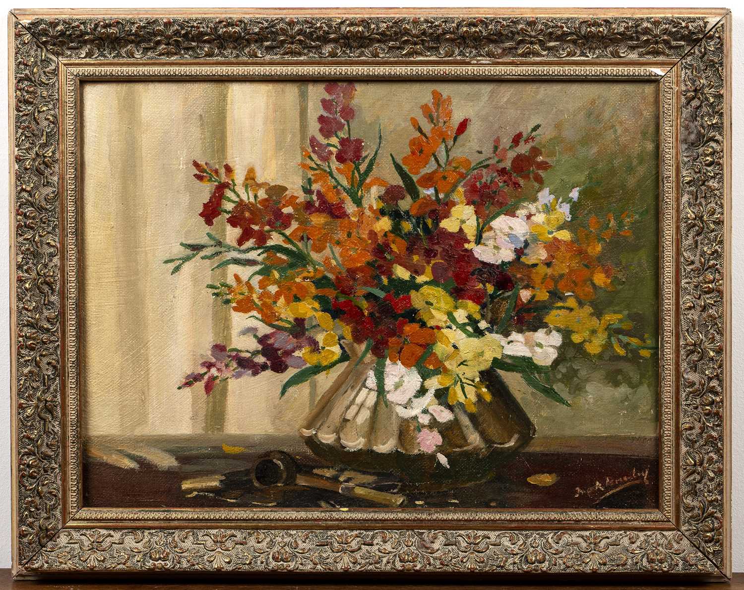 In the manner of Frank Bramley (1857-1915) 'Untitled still life of flowers with pipe', oil on panel, - Image 2 of 3