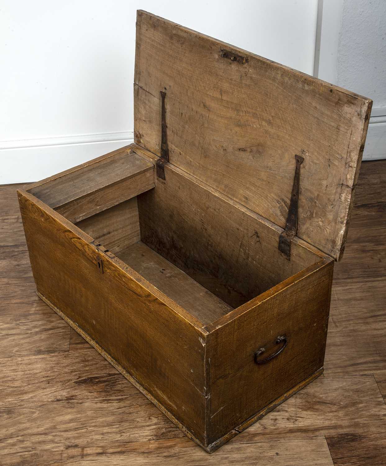 Scumbled blanket box 19th Century, with twin metal handles, the interior fitted with a lidded candle - Image 6 of 6