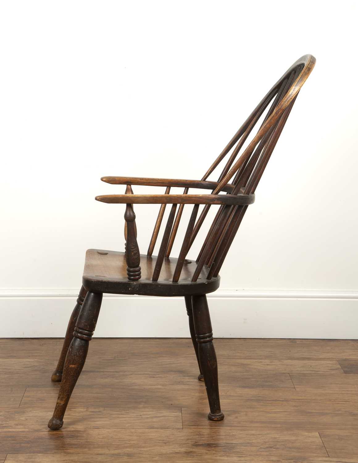 Windsor chair ash and elm, 19th Century, with hoop spindle back, 98cm high overallHeavy wear, - Image 3 of 7