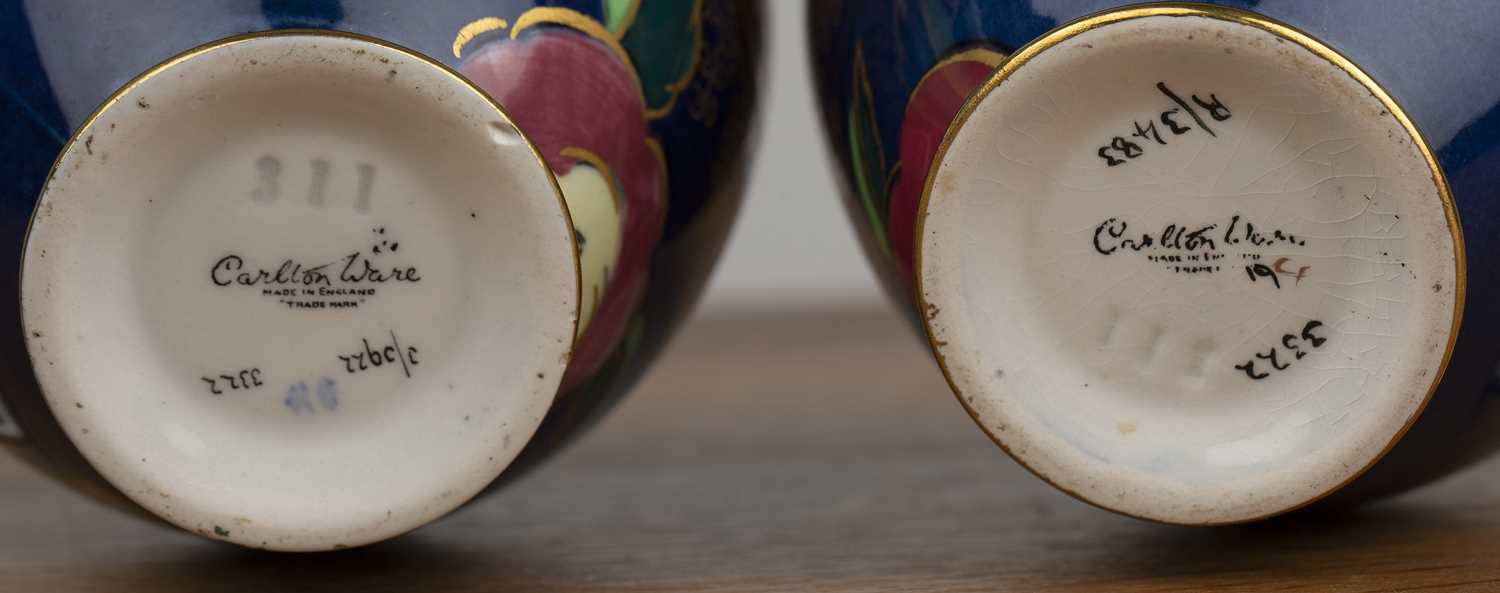 Pair of Carltonware vases with Art Deco bird decoration on blue ground, transfer marks to the - Image 3 of 6