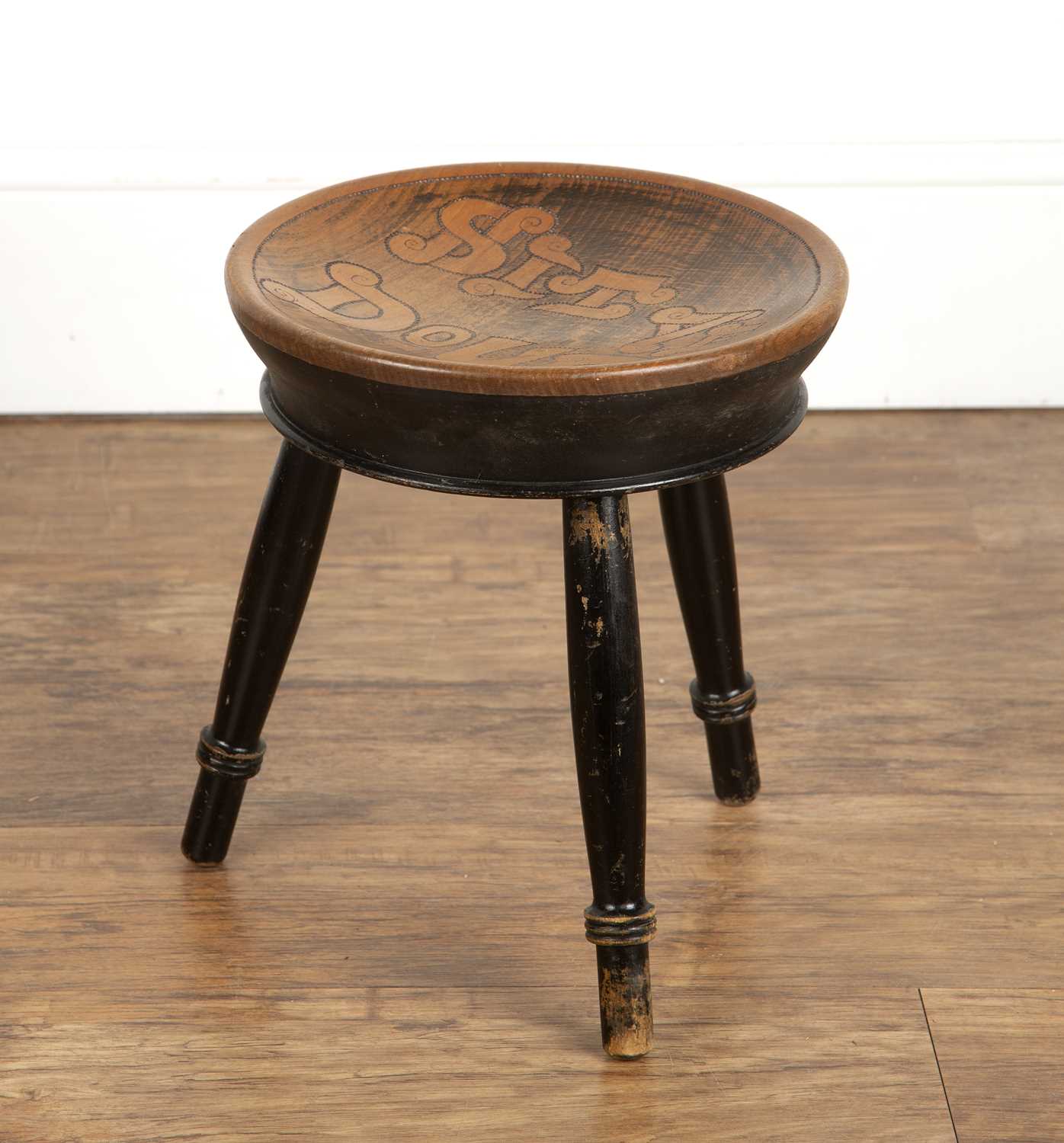 Scottish School low stool with ebonised base and circular pokerwork top reading 'Sit ye doun', - Image 3 of 6