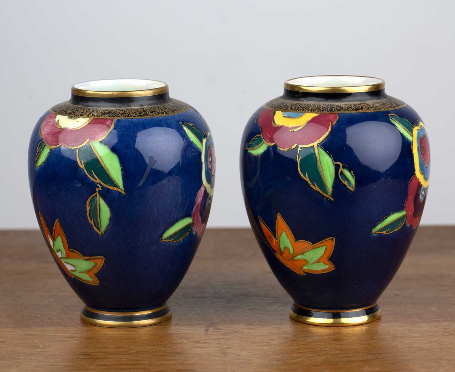 Pair of Carltonware vases with Art Deco bird decoration on blue ground, transfer marks to the - Image 2 of 6