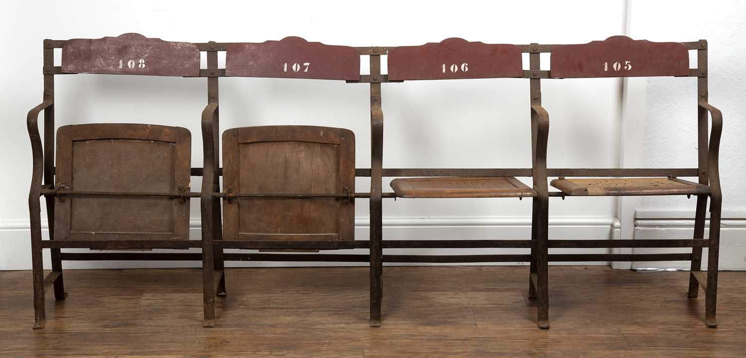 Vintage theatre chairs comprising of four joined seats, painted wood on wrought metal base, the back - Image 3 of 7