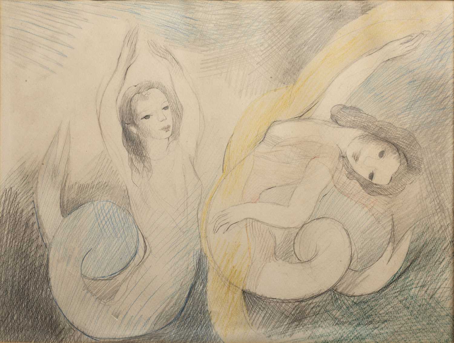 Attributed to Marie Laurencin (1833-1956) 'Mermaids' pencil and coloured crayons on paper with 'P.M.