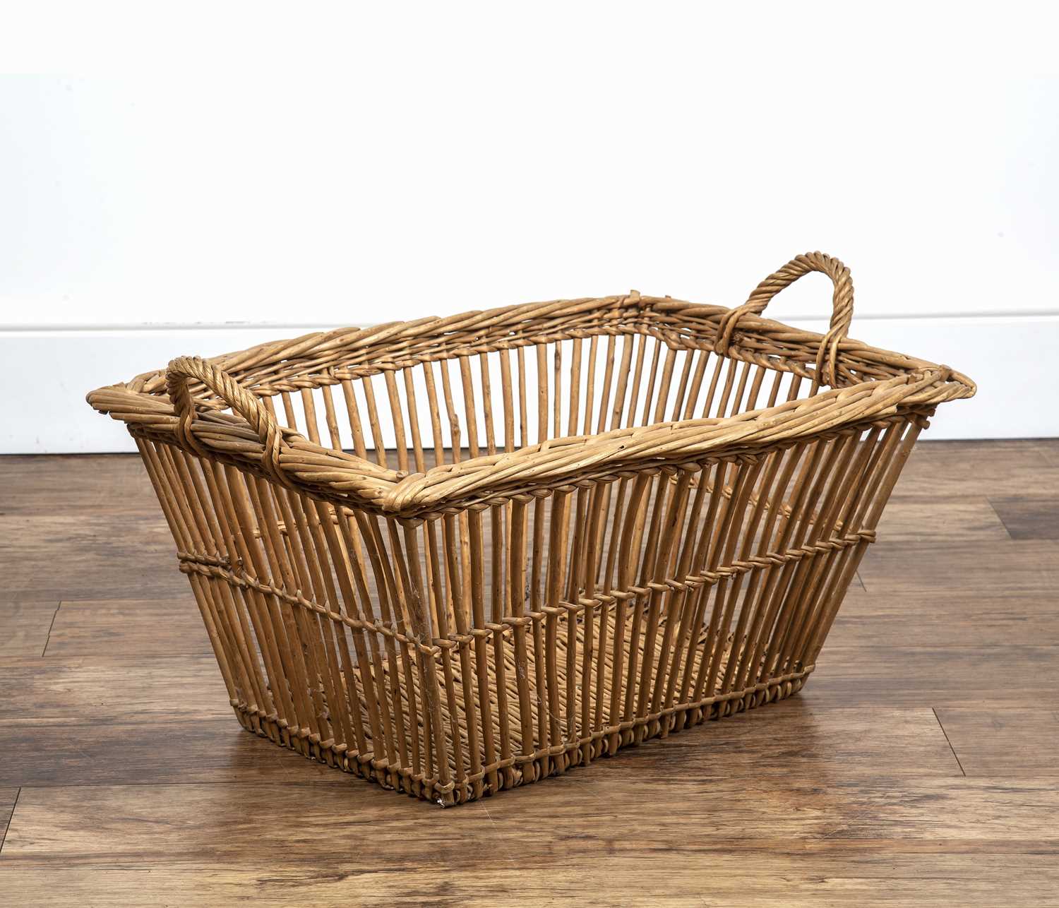 Wicker basket 20th Century, handmade with twin loop handles, 70cm wide x 31cm high x 46cm deepAt