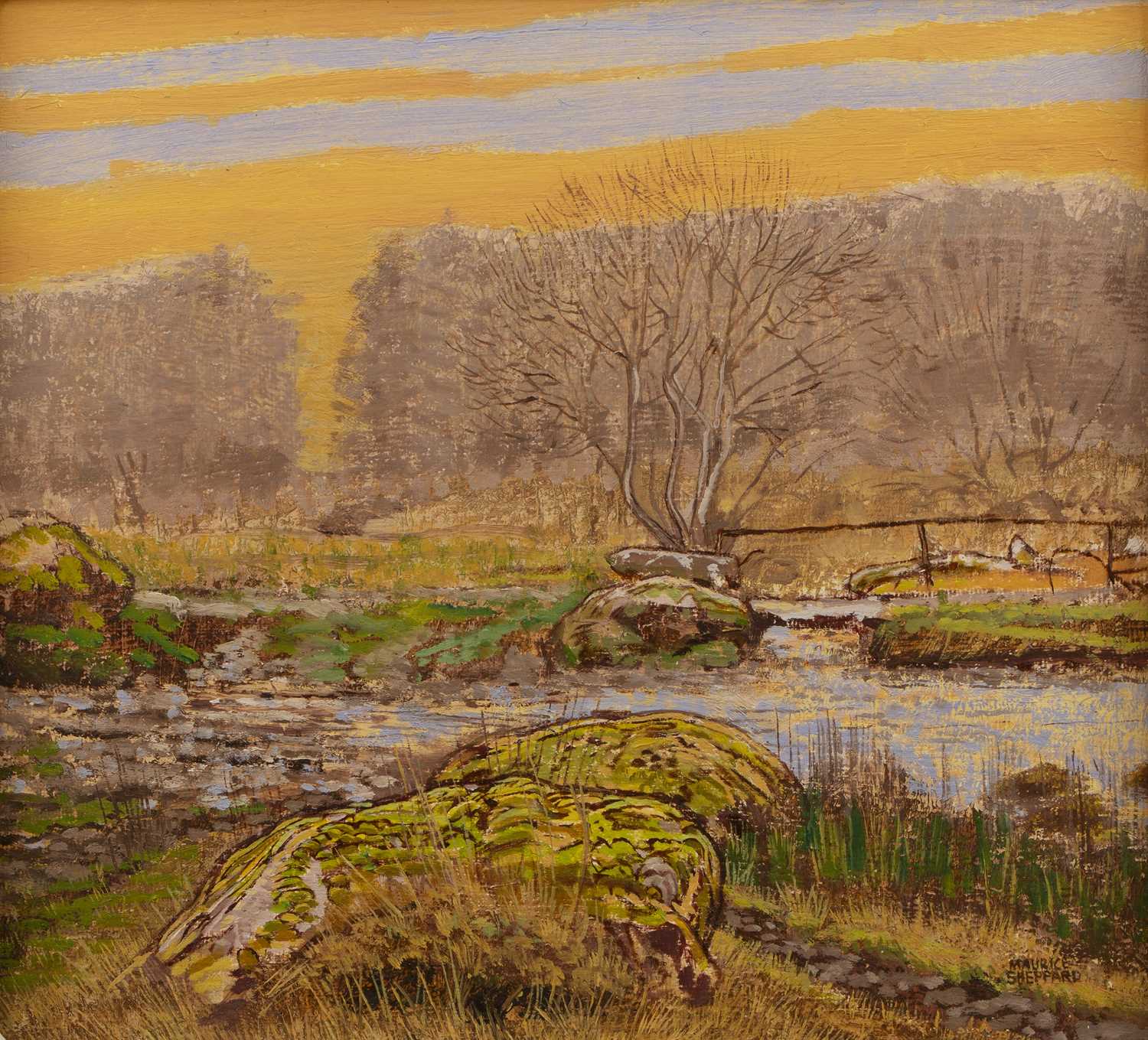 Maurice Sheppard (b.1947) 'Wooden bridge and valley stream, Pembrokeshire', oil on board, signed - Image 7 of 9