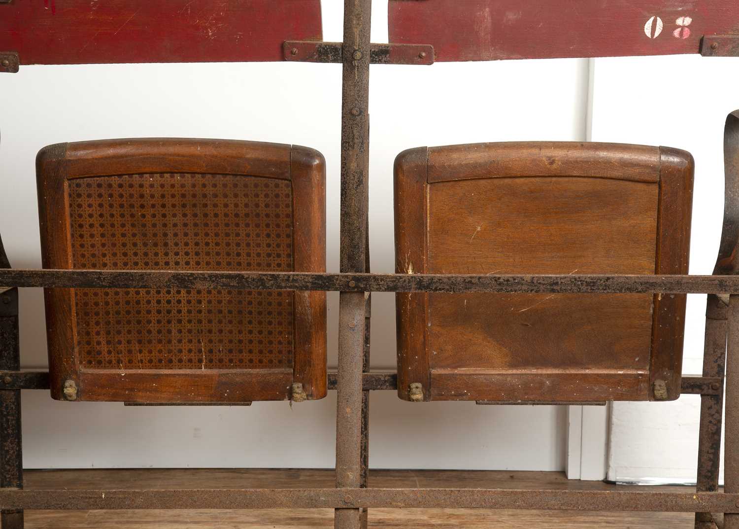 Vintage theatre chairs comprising of four joined seats, painted wood on wrought metal base, the back - Image 5 of 7