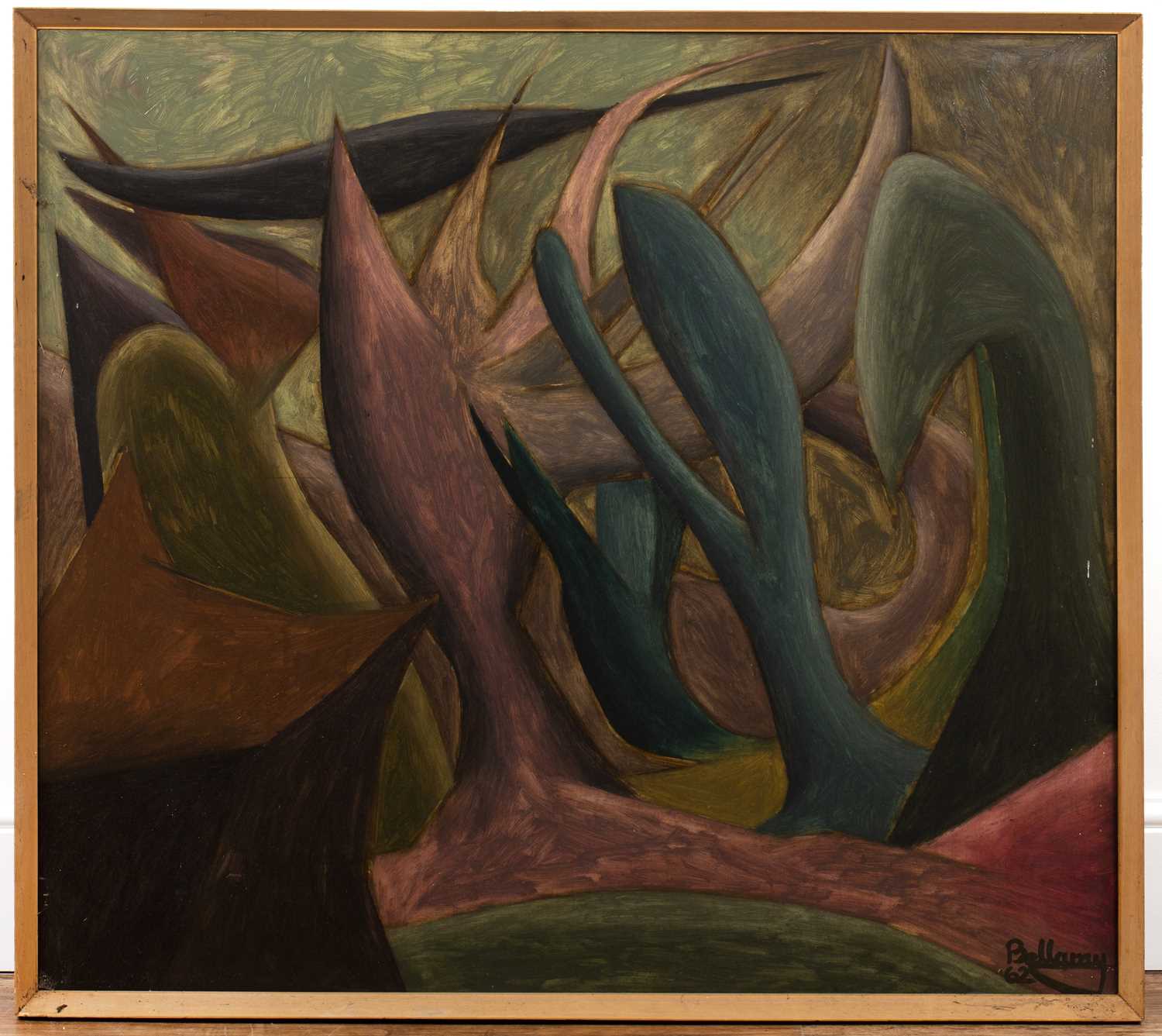 Bellamy (20th Century Surrealist School) 'Untitled Surrealist landscape', oil on board, signed and - Image 2 of 3