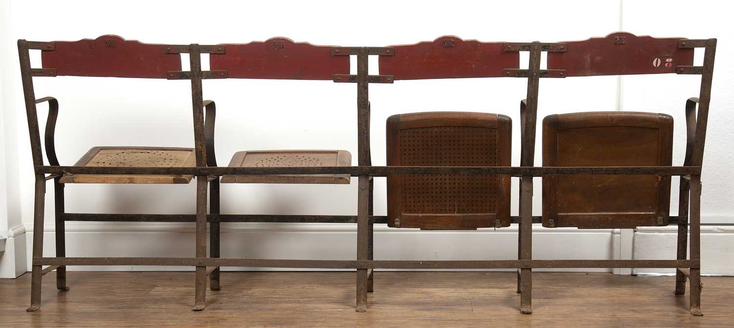 Vintage theatre chairs comprising of four joined seats, painted wood on wrought metal base, the back - Image 4 of 7