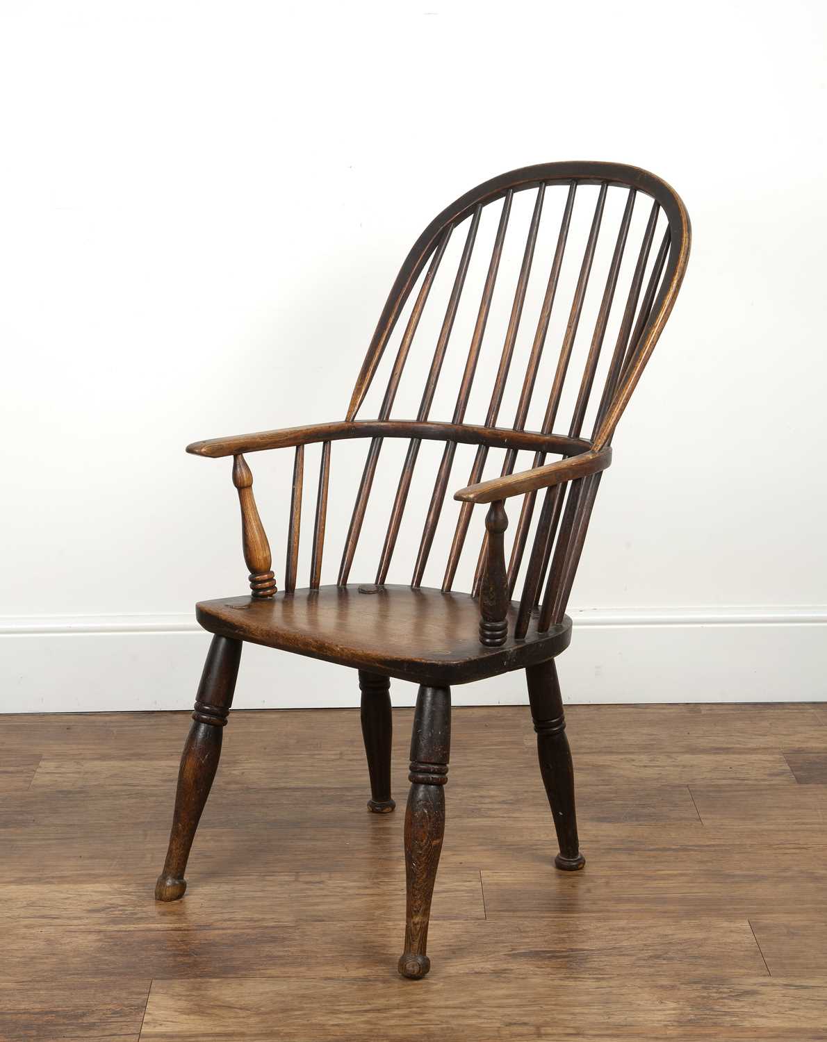 Windsor chair ash and elm, 19th Century, with hoop spindle back, 98cm high overallHeavy wear, - Image 2 of 7