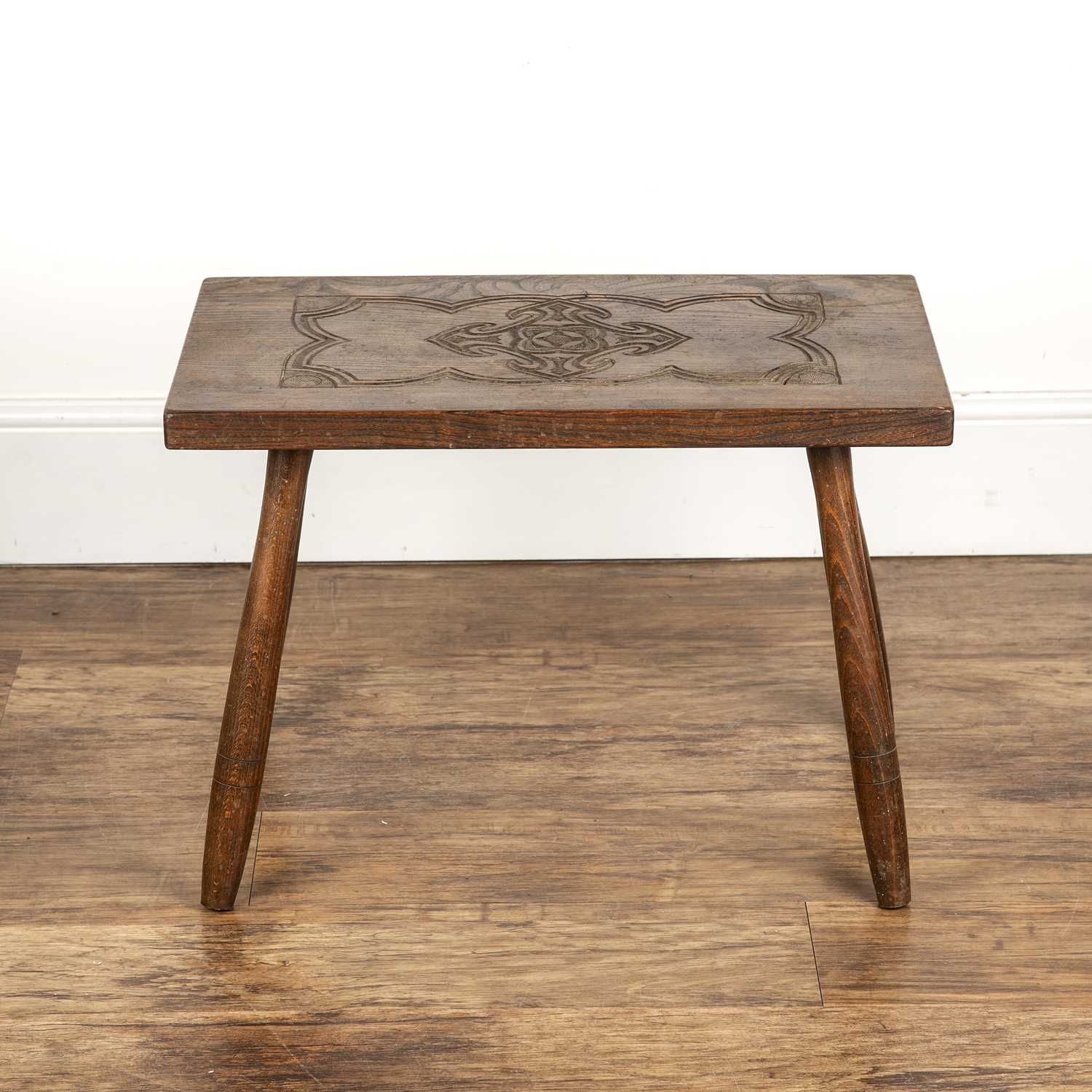Cotswold School Elm, rectangular table with carved decoration to the top, 61cm wide x 43cm high x