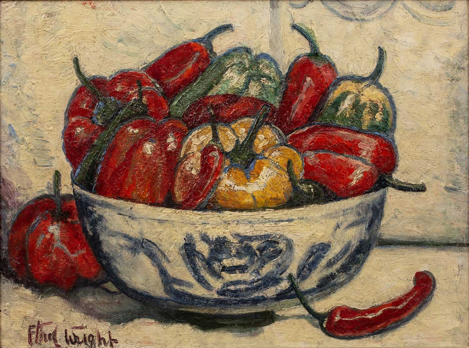 Ethel Wright (1866-1939) 'Bowl of peppers', oil on panel, signed lower left, 29cm x 39cm Provenance: