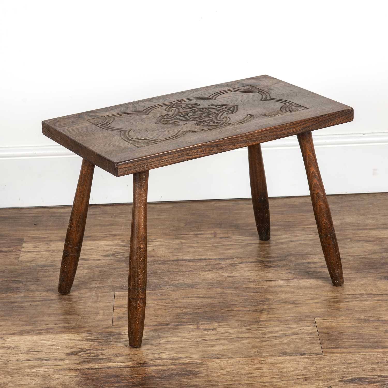 Cotswold School Elm, rectangular table with carved decoration to the top, 61cm wide x 43cm high x - Image 2 of 5