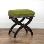 Aesthetic movement ebonised stool with green upholstery and carved decoration, 53cm high x 47.5cm