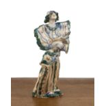 Contemporary studio ceramic figure of a clown style figure in striped dress with lustre