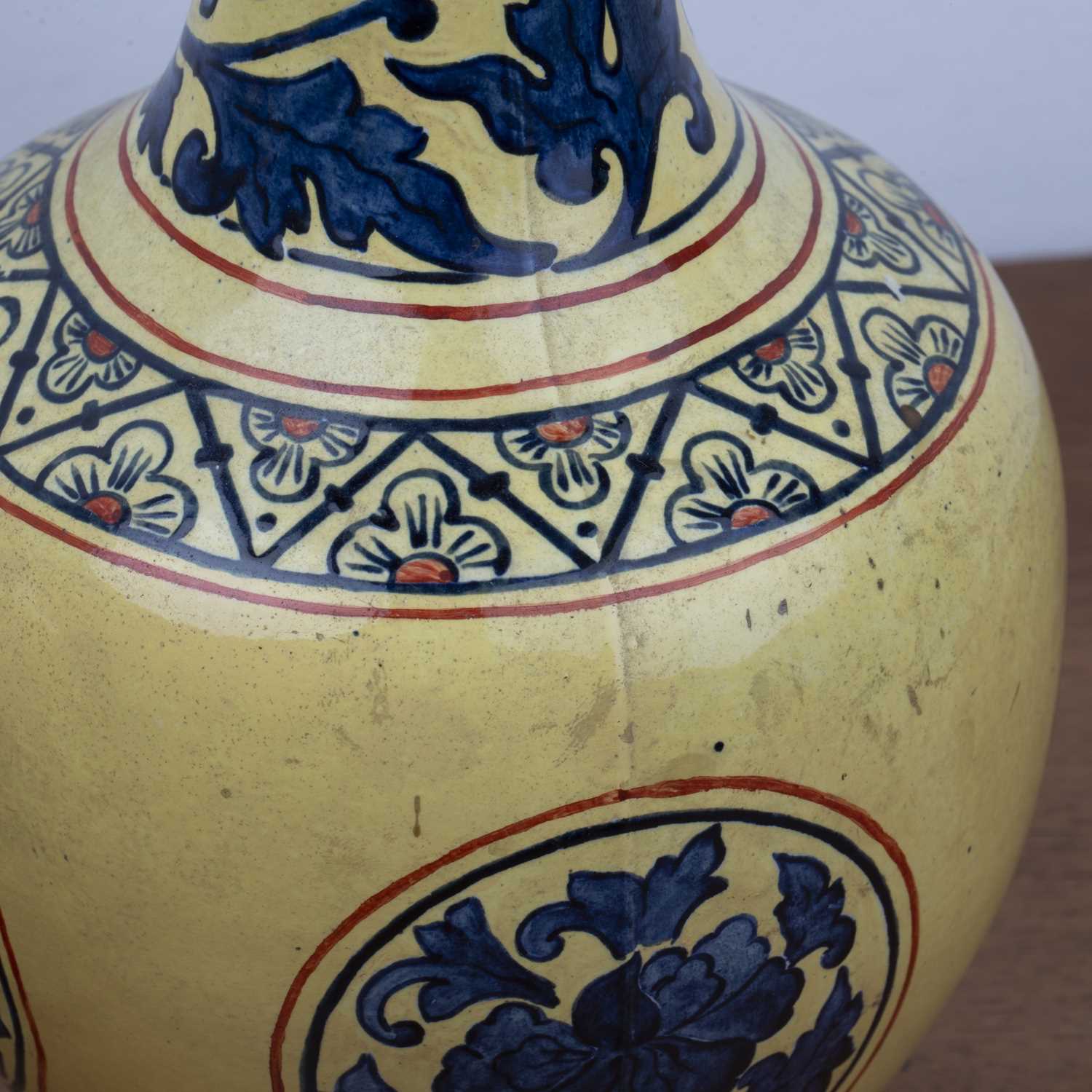 Pair of Mintons pottery vases with blue foliate designs on yellow ground, decorated in the Chinese - Image 4 of 4