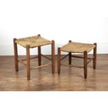 Cotswold School ash, two low stools, with rush seats or tops, one measures 34.5cm wide x 41cm